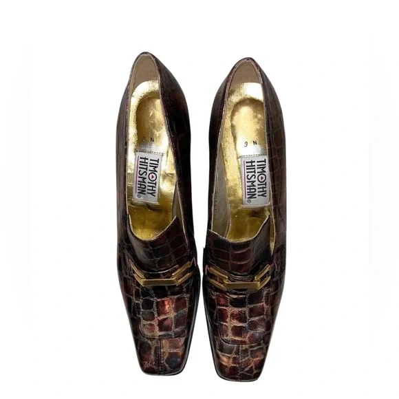 Timothy Hitsman Vintage Croc Leather Square Toe Heels, Size 9 Narrow - Picture 2 of 7